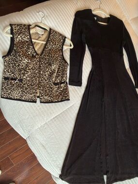 Joseph Ribkoff Black MAXI Dress with Leopard-Print vest 6 Petite